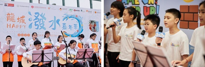 乐团过去一年，走遍全港多个地点表演，包括在九龙城举行的泼水节嘉年华用泰文献唱「世界真细小」（左），及在市建局的周年晚宴上表演团歌（右）。